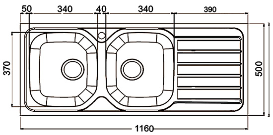 Sink 2 Bowl + 1 Drain 1160 x 500mm Satin